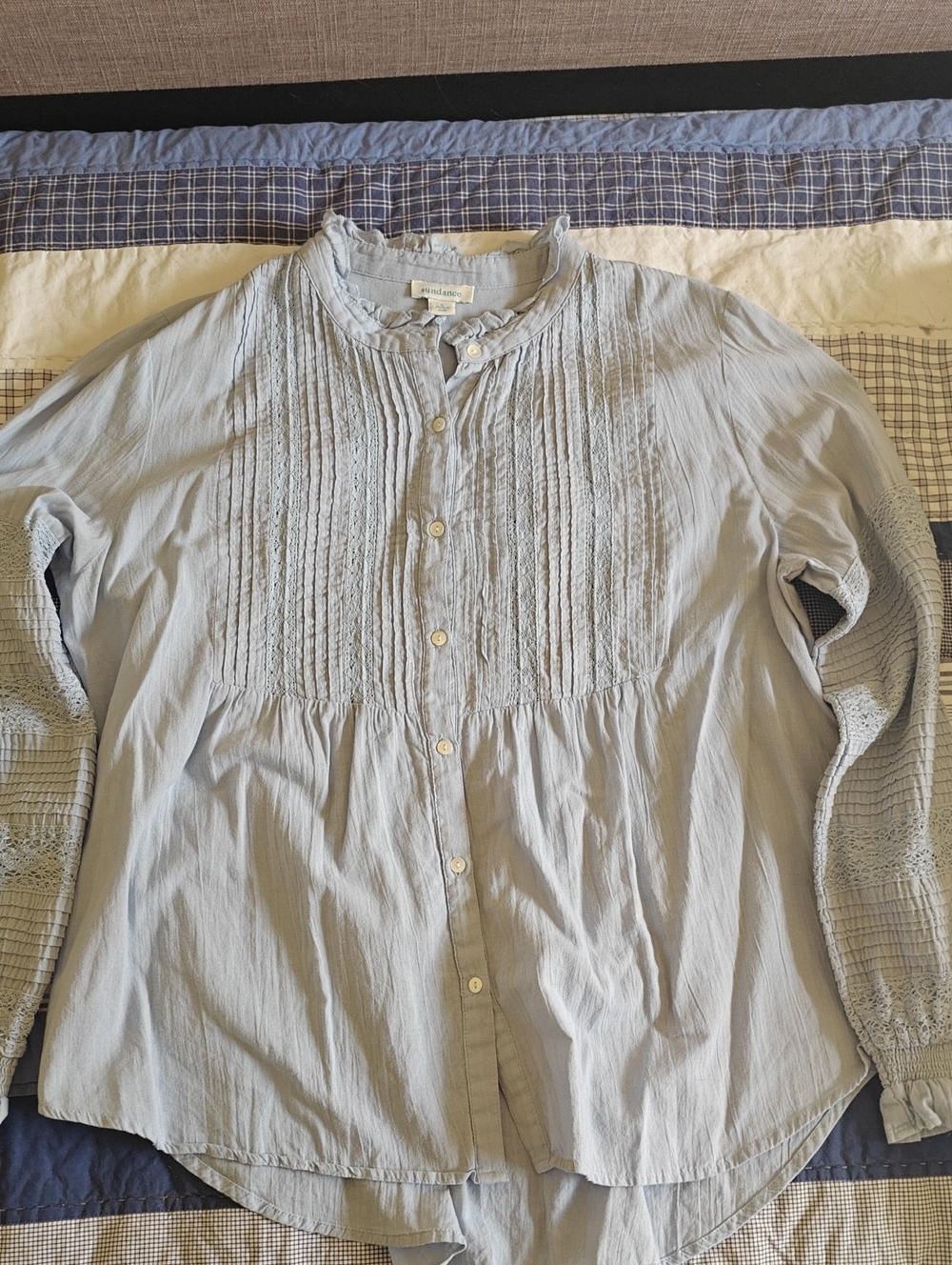 Sundance Pale Blue Pintuck Button-Front Blouse